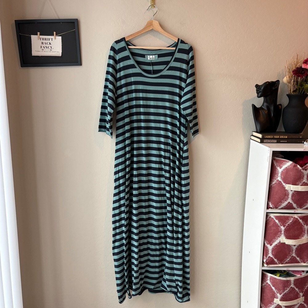 Labo.Art Striped Dress Blue 3/4 Sleeve‎ Scoop Neck Maxi Dress Size 3/L